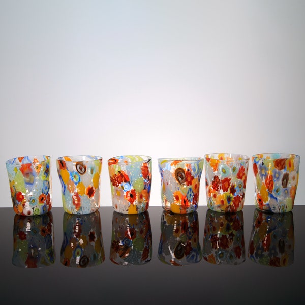 Six Glasses Set "Millefiori" with Murrine- Murano Glass