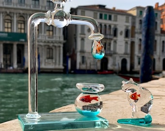 Faucet with Goldfish Small Size - Set with Faucet, Bowl and Cat - Murano Glass
