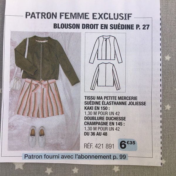 Patron blouson femme Modes et Travaux, patron blouson droit en suédine Avril 2021, cahier couture modes et travaux, patron femme T 36 à 48