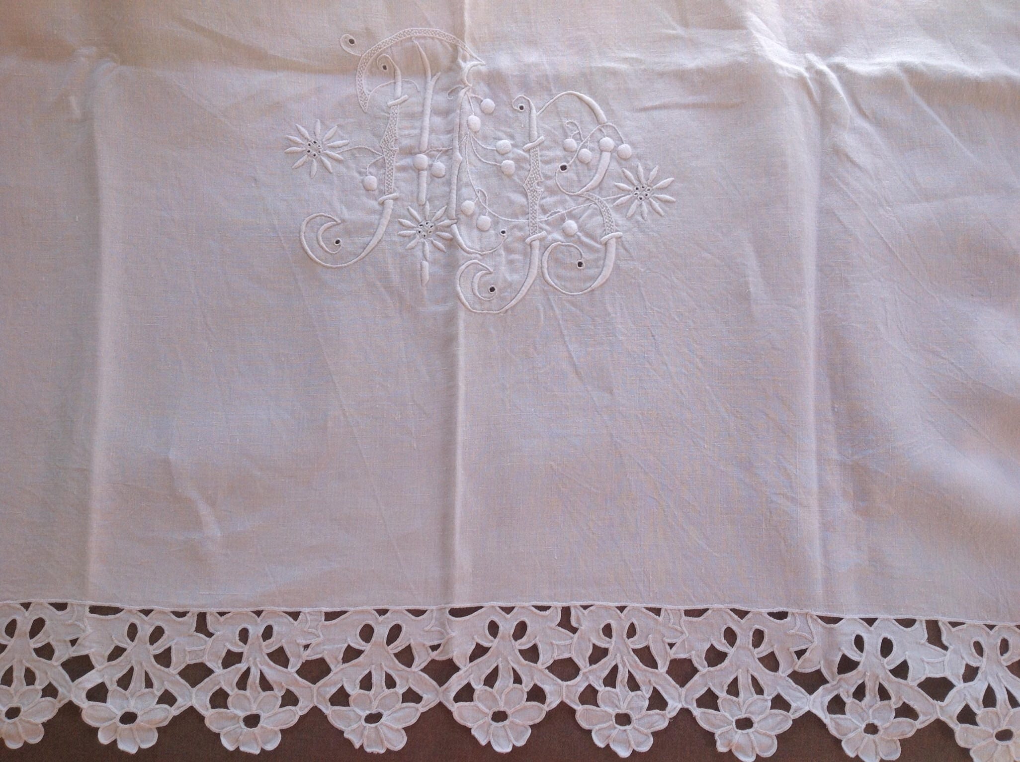 Grand Drap Ancien en Lin Brodé, Monogrammé Mb, Broderie Richelieu, Linge Français Ancien, Vintage Br