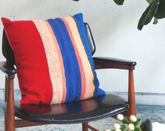 Red Blue Pillow, Handwoven Decorative Throw, Striped