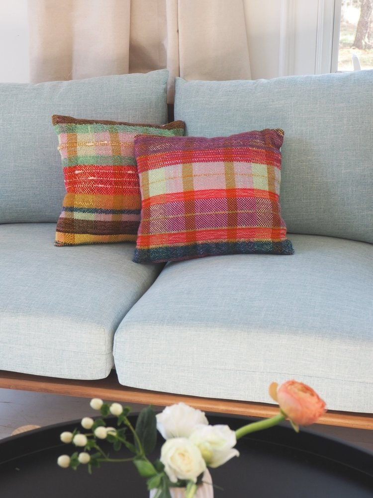 Red and Purple Pillow Handwoven Decorative Plaid Throw Etsy