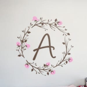 Name nursery wall decal Custom monogram wall decals Personalized vinyl wall monogram Nursery wall initial sticker Rose branch initial -AI001
