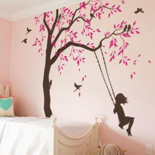 Tree Decal With Swings and Birds Large Nursery Tree Vinyl Wall Etsy