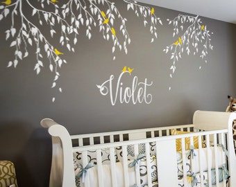 Nursery tree decal, branches and birds decal, vinyl nursery decal, white tree sticker, wall decor for nursery, nature wall decal - AM001