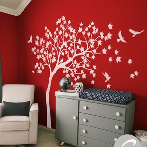 White Tree Wall Decal Huge Tree wall decal Wall Mural Stickers Nursery Tree and Birds Wall Art Tattoo Nature Wall Decor -AM016