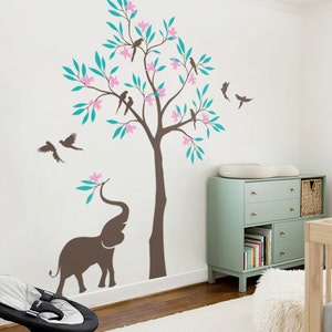 Tree Wall Decal Birds and Elephant tree decal Wall Mural Stickers Nursery Tree and Birds Wall Art Tattoo Nature Wall Decals Decor AM028