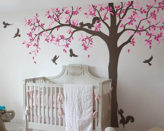 Ash tree wall decal Decal wit animals for nursery Kids room wall sticker Removable wall decal for kids Tree birds and squirrel decal -AM015