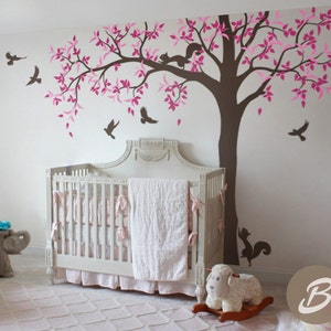 Ash tree wall decal Decal wit animals for nursery Kids room wall sticker Removable wall decal for kids Tree birds and squirrel decal -AM015