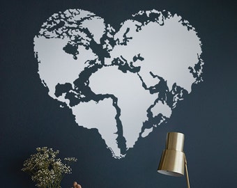 Heart shaped Wall map sticker Wall map decal Wall art Home office wall decor Self adhesive peel and stick map of the world wall decal AK004