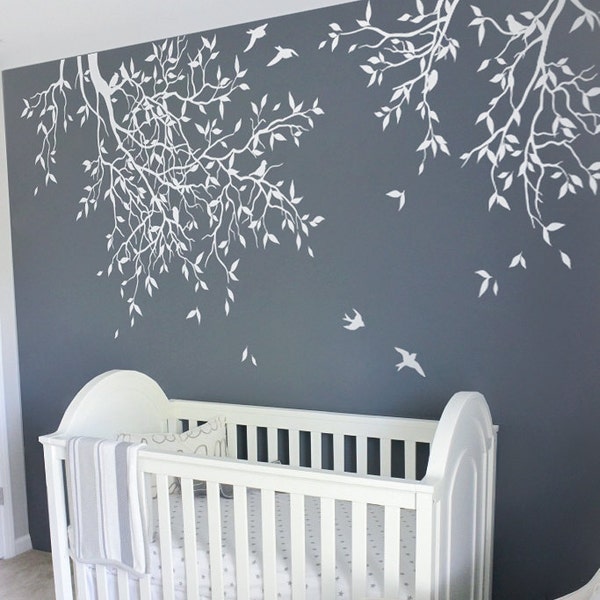 Tree and birds wall sticker White tree wall sticker for nursery Wall sticker for kids room Custom color Branches wall sticker AM004