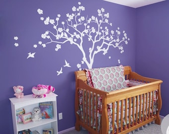 White tree wall decal for nursery Large tree with birds sticker Removable Art Kids Large Vinyl Room Baby Mural Living Birch Decals -AM021