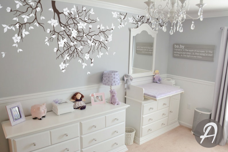 Hanging tree branches Wall Decal for Baby Girl Nursery with Flowers White Tree Branch Wall Decals AM013