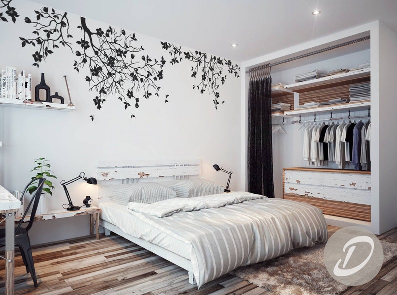 Hanging tree branches Wall Decal for Baby Girl Nursery with Flowers White Tree Branch Wall Decals AM013