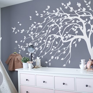 White tree wall decal Nursery Tree mural sticker Tree wall decal sticker Tree and Birds Wall Art Tattoo AM010