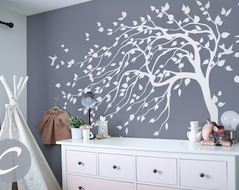 White tree wall decal Nursery Tree mural sticker Tree wall decal sticker Tree and Birds Wall Art Tattoo AM010