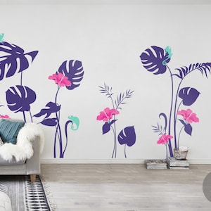 Flower wall decal Floral wall decal for girls room kids nursery wall decal sticker Hibiscus and Monstera leaves wall art decor AM009