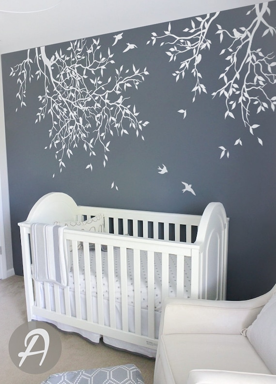 tree and birds wall sticker white tree wall sticker for | etsy