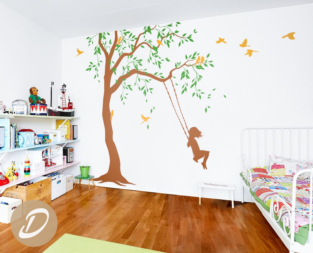 Nursery Tree Decal With Swings and Birds Large Tree Vinyl Wall Art Wall ...