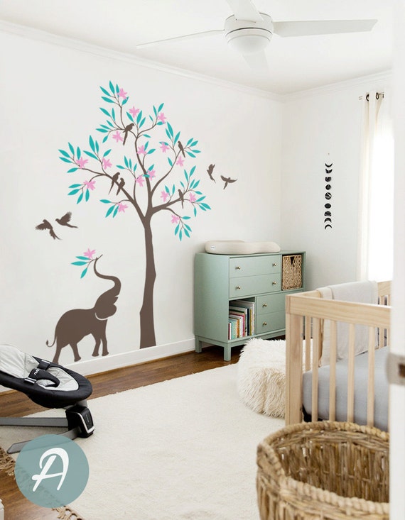 tree wall decal birds and elephant tree decal wall mural | etsy