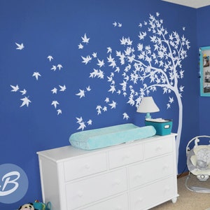 White tree decal Large nursery tree decal with birds Removable wall decal Nature wall decal Wall decor Wall mural sticker Wall tattoo -AM023
