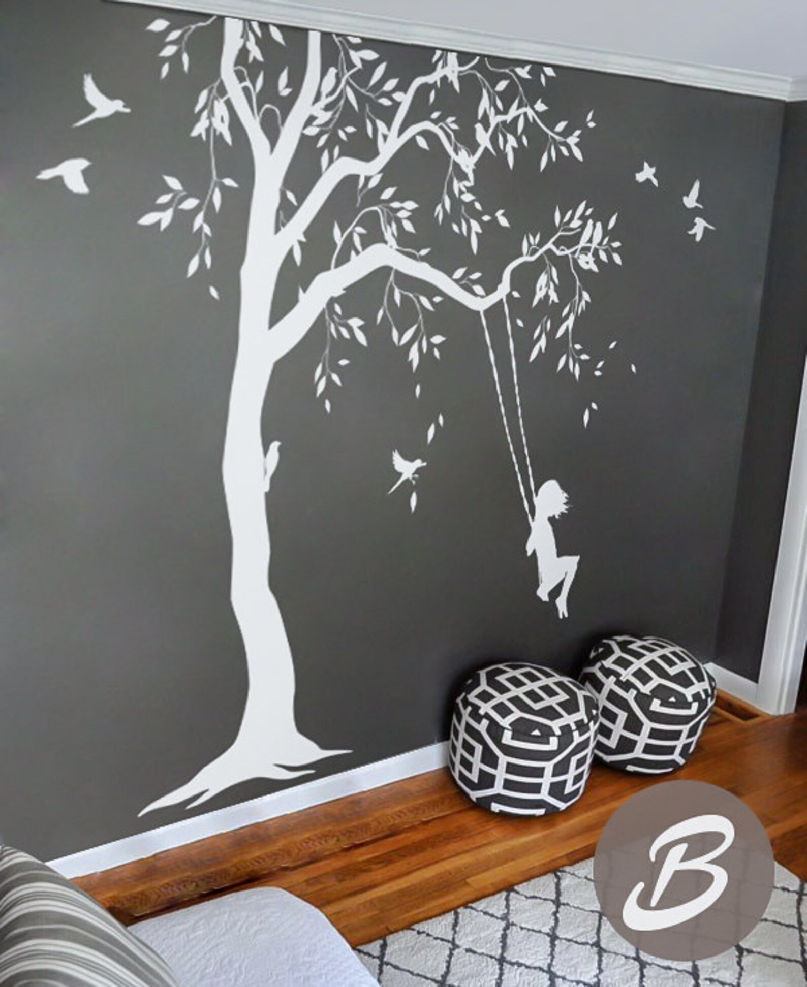 Tree Decal With Swings and Birds Large Nursery Tree Vinyl Wall Etsy
