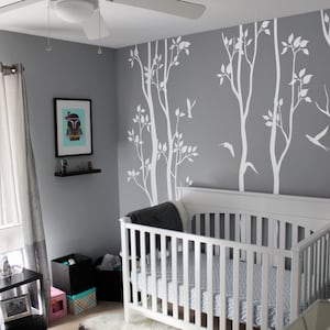 Large Tree Wall Decal Tree wall mural decal Nature Wall Decal White Tree and birds wall decal AM003