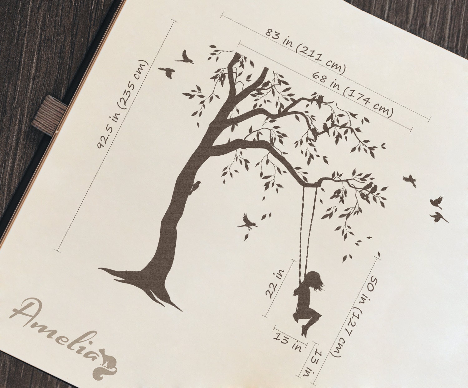 Tree Decal With Swings and Birds Large Nursery Tree Vinyl Wall Art Wall ...