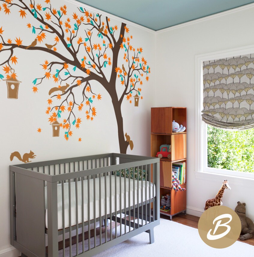 Temporary Huge White Tree Wall Decal Nursery Tree Birds With Birdhouse ...