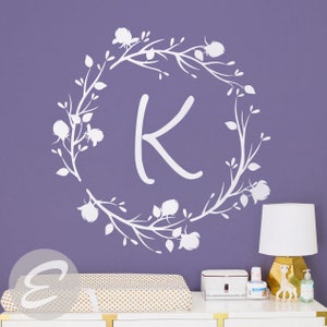 Baby name Monogram nursery wall decal Custom wall decals Personalized wall monogram Nursery wall initial sticker Rose branch initial -AI001