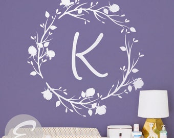 Baby name Monogram nursery wall decal Custom wall decals Personalized wall monogram Nursery wall initial sticker Rose branch initial -AI001