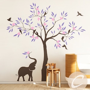Nursery tree wall decal, Wall decal with elephant, Large tree wall decal, Wall decor for nursery and kids room Vinyl shapes decal -AM014