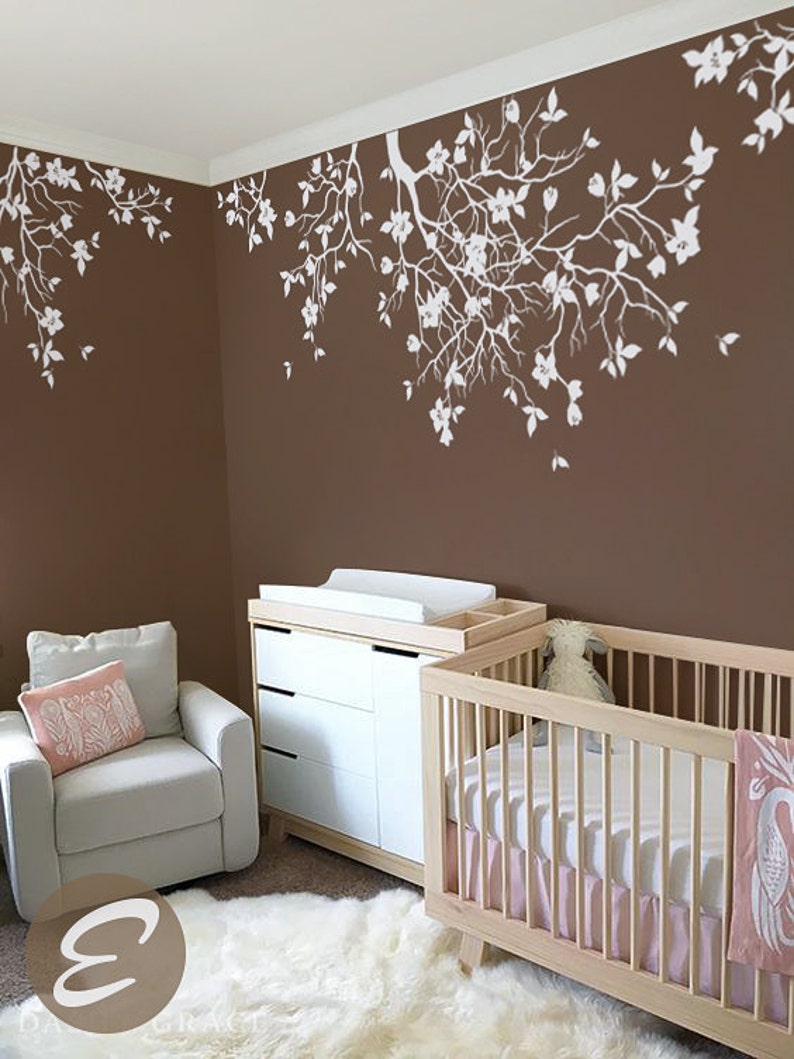 Hanging tree branches Wall Decal for Baby Girl Nursery with Flowers White Tree Branch Wall Decals AM013