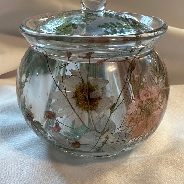 Resin Jar / Jewelry Holder with Flowers - Handmade