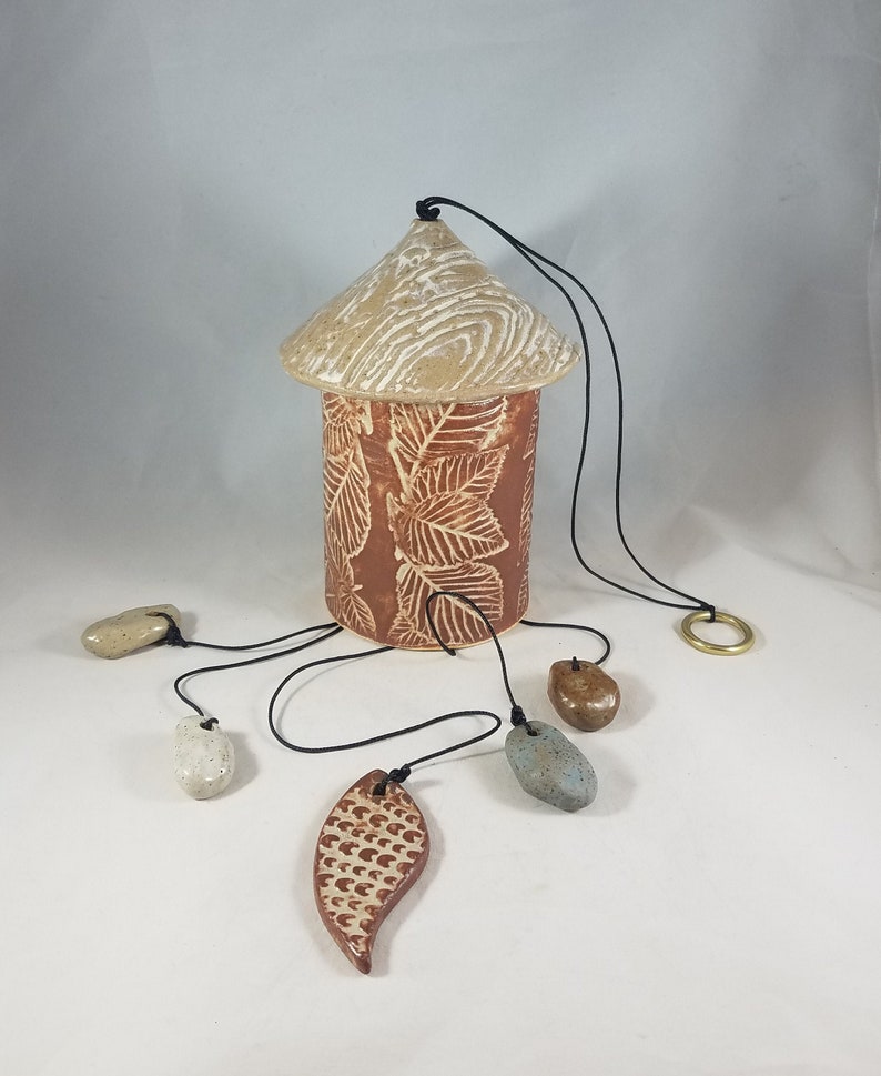 Handmade Pottery Wind Chime Large Leaf Pattern River Rocks Etsy