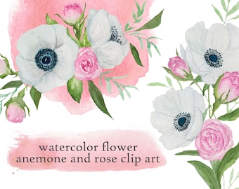 Anemone and rose floral watercolor clip art