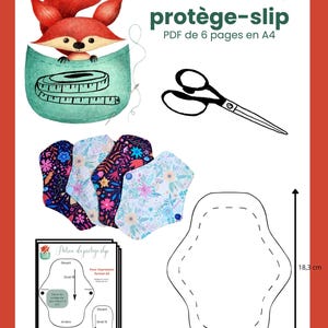 May include: A sewing pattern for a pantyliner featuring a fox illustration, scissors, and four finished fabric pads with floral patterns. The document includes a 6-page PDF guide and a technical drawing with dimensions of 18.3 cm by 15 cm.