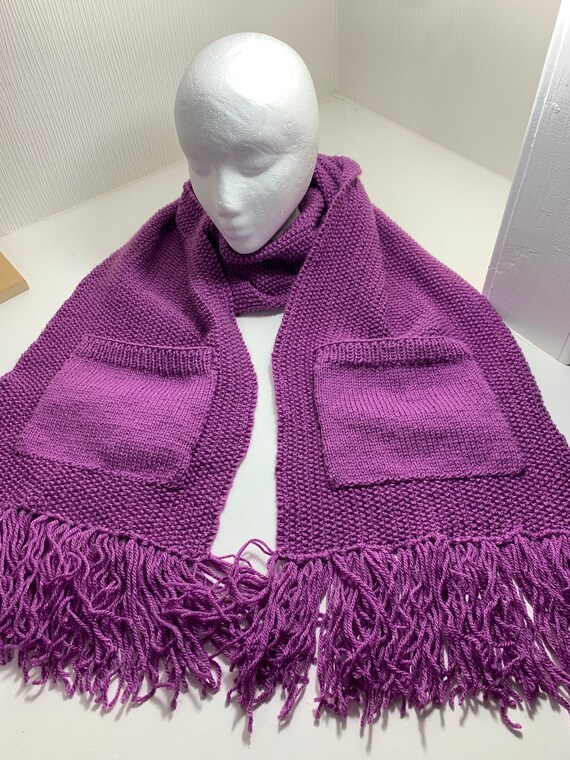 Hand knitted purple moss stitch scarf with pockets in acrylic yarn vegan  friendly