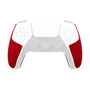 May include: A white video game controller featuring textured red grip panels on both sides. The controller includes a directional pad, four action buttons, two analog sticks, and a central touchpad area, all presented against a plain white background.