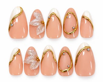 Handmade Almond Press On Nails, Nude White Gold Floral Nails, 3D Crystal Flower Rhinestone Nail Set, Reusable Luxury Fake Nails