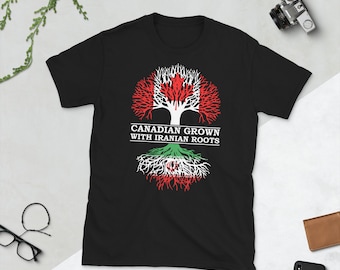 Canadian Grown with Iranian Roots Text - Canada Iran Flag Tree Short-Sleeve Unisex T-Shirt