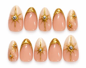 Handmade Almond Press On Nails, Nude Gold Celestial Nails, 3D Starburst Rhinestone Nail Set, Reusable Luxury Fake Nails
