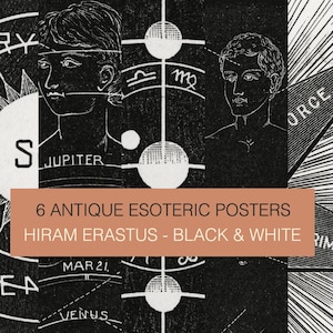 Esoteric Digital prints by Hiram Butler. Set of 6 Black & White esoteric posters. Printable antique astronomy and celestial diagrams.