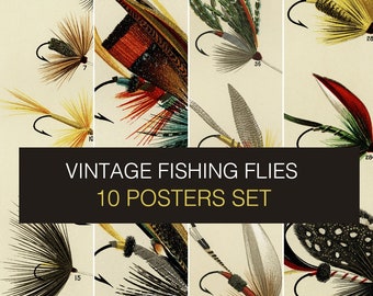 Vintage Fly Fishing Digital Prints - set of 10. Printable fishing flies lures hackles wall art. Fisherman wall art poster.1892 Mary Marbury