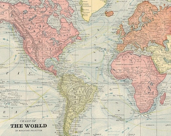 Póster imprimible del mapa mundial. Impresión digital del mapa del mundo vintage. Cartel antiguo del Atlas.
