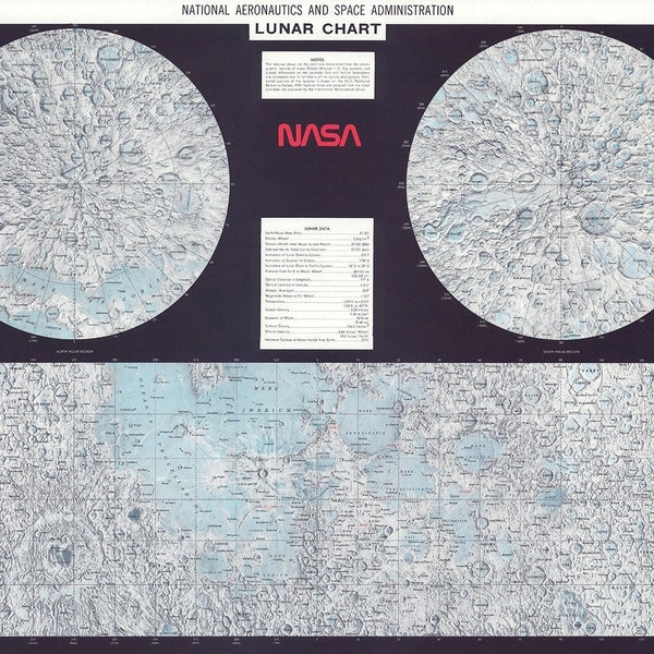 Antieke NASA afdrukbare maangrafiek. 1979 NASA maankaart digitale poster. Kaart van het maanoppervlak. Hemelse wand decor. Wetenschap afdrukken..