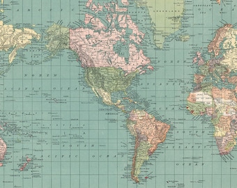Antique World Map Print, 1892 Atlas (Digital Download)
