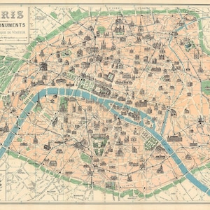 Stara mapa Paryża do pobrania w wersji cyfrowej. Antyczna mapa Paryża - druk Paryża. Francuski plakat z mapą.  1905 Paryż Ses Monuments-Guide Pratique Du Visiteur