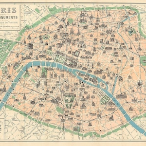 Old Map of Paris DIGITAL DOWNLOAD. Antique PARIS Map - Paris Print. French map poster.  1905 Paris Ses Monuments-Guide Pratique Du Visiteur