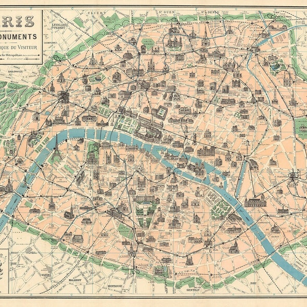 TÉLÉCHARGEMENT NUMÉRIQUE de l'ancienne carte de Paris. Carte de PARIS antique - impression de Paris. Affiche de la carte de France. 1905 Paris Ses Monuments-Guide Pratique Du Visiteur